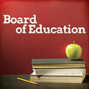 Text saying Board of Education with stack of books, a pencil and an apple underneath.